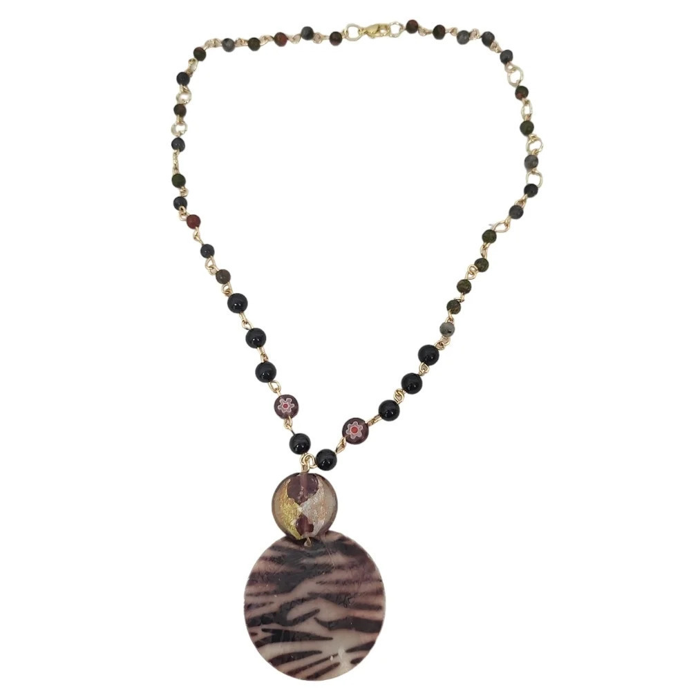 Foil-Lined Lampwork Glass Tourmaline Unakite Gold Plated Glass Necklace